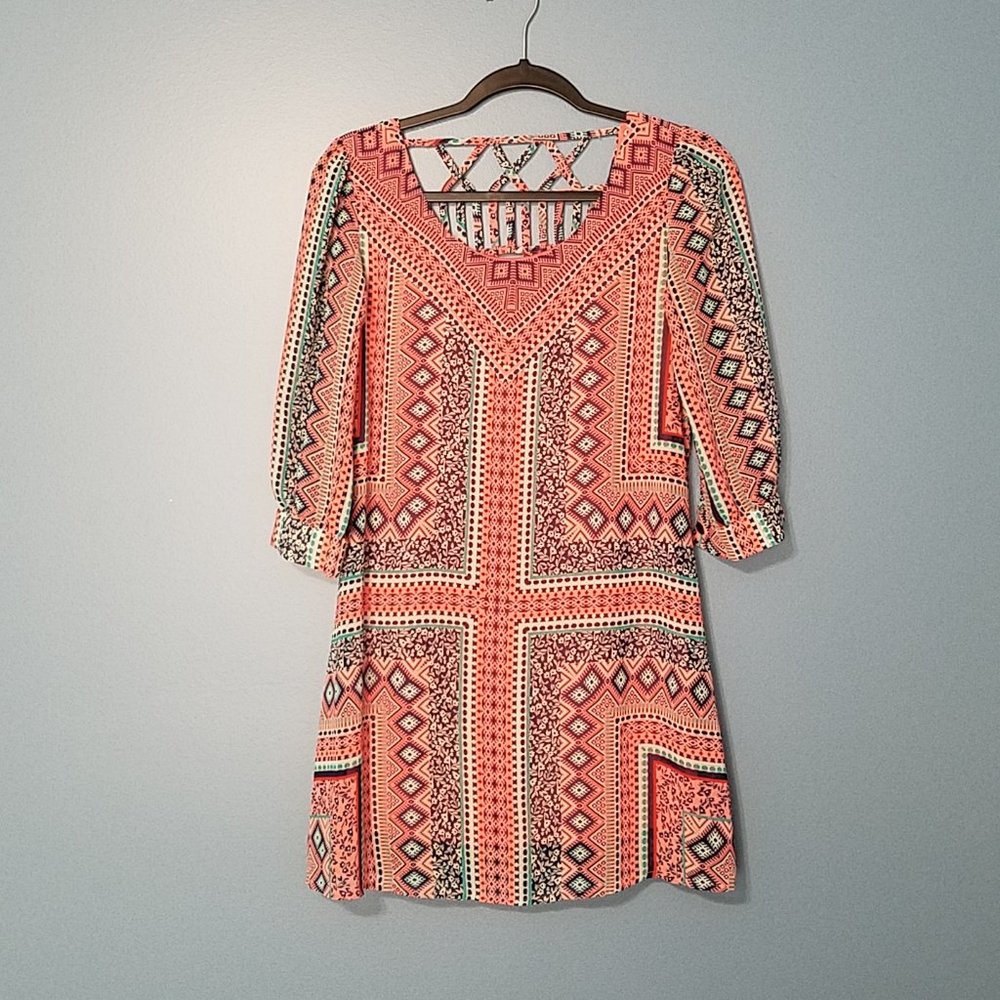 3 PINK HEARTS Neon Pink 3/ Sleeve Tribal Dress Xs